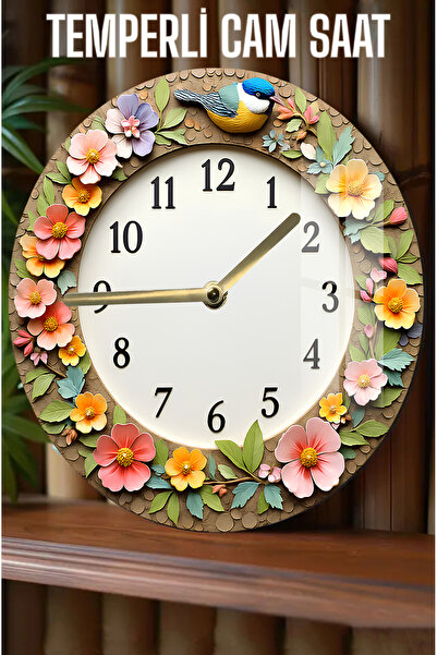 kutuTR Çiçek ve Kuş Desenli3D Görünümlü Temperli Cam Saat – 33 cm CSDW2774
