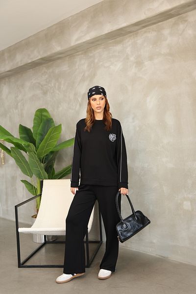 02Lady Fashion Rose Patterned Piping Oversize Wide Leg Modal Fabric Tracksuit Set