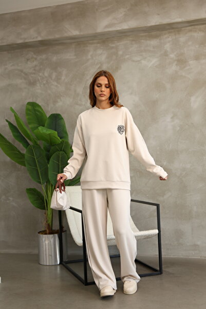 02Lady Fashion Σετ αθλητική φόρμα με μοτίβο τριαντάφυλλου Oversize Wide Leg Modal