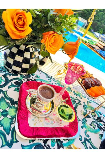 Merve Kaymakcı White Floral Cocktail Napkin -Fuchsia Fringe