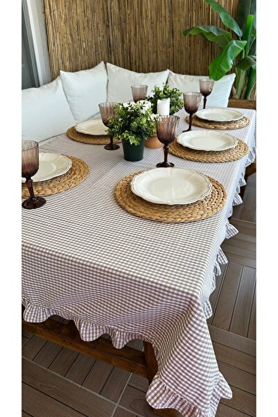 Decamor home Linen Stain Resistant Beige Gingham Ruffled Table Cloth