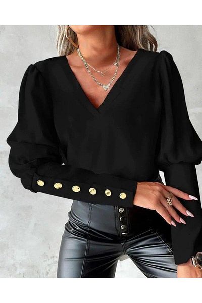 modamtn Women's V Neck Back Low-Cut Cuffs Dupp Detail Opportunity Product Blouse
