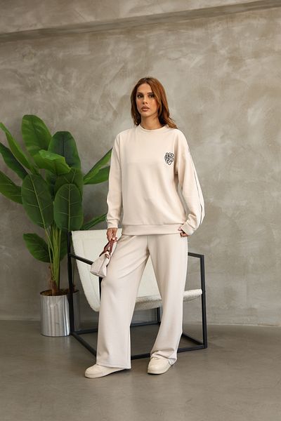 02Lady Fashion Rose Patterned Piping Oversize Wide Leg Modal Fabric Tracksuit Set