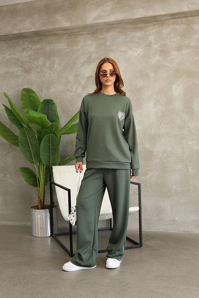 02Lady Fashion Rose Patterned Piping Oversize Wide Leg Modal Fabric Tracksuit Set