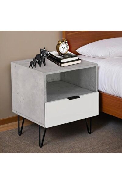 BAITY طاولة جانبية للسرير مصنوعة من الخشب الماليزي - رمادي وأبيض مع درج تخزين