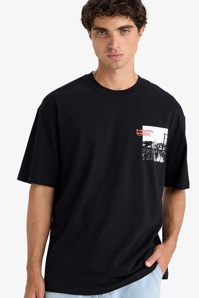 DeFacto New Season 100% Cotton Boxy Fit Crew Neck Printed Short Sleeve T-Shirt