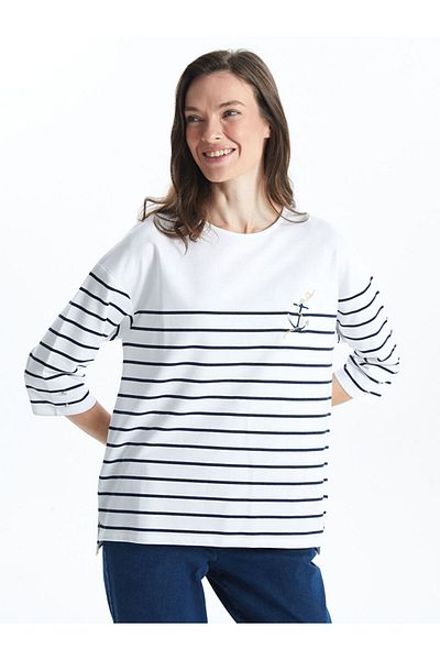 LC Waikiki Quality Parts from Celebi Store |   Grace Black Crew Neck Striped Combed Cotton Women's T-Shirt