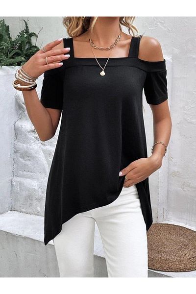 modamtn Women's Short Sleeve Off-The-Shoulder Strap Asymmetrical Cut Viscose Blouse