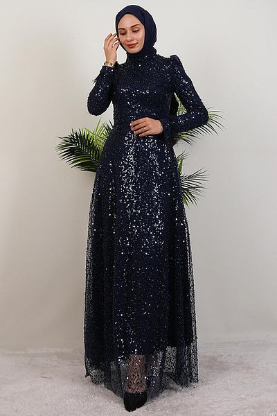 GİYZAMİLA Feather Sequin Dress Navy Blue