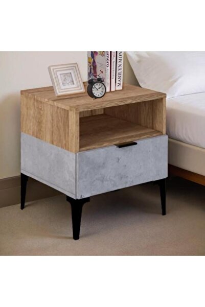 BAITY طاولة سرير جانبية من الخشب الماليزي مع درج تنظيم - خشب ورمادي