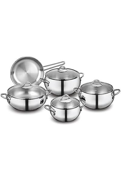 KORKMAZ Tombik 9 Pieces Stainless Steel Cookware Set | Induction Compatible Pots and Pans Set | Silv