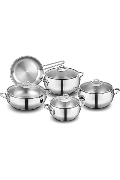 KORKMAZ Tombik 9 Pieces Stainless Steel Cookware Set | Induction Compatible Pots and Pans Set | Silv