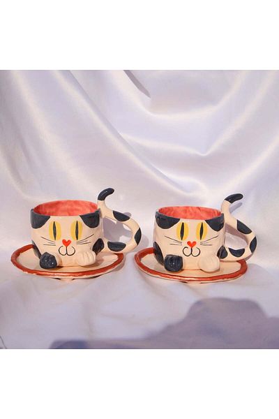 Lily & Loly Ceramics Black and White Colored Cat Patterned Turkish Coffee with Cat - Handmade Ceramic Cup and Saucer Single