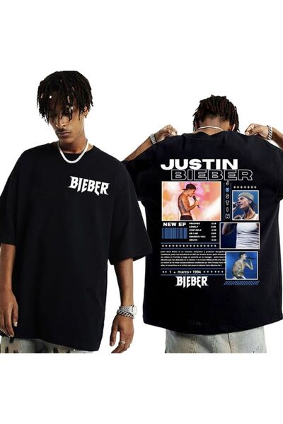 MAGORS تي شيرت أسود برقبة دائرية مطبوع للجنسين من جاستن بيبر مصنوع من القطن بنسبة 100%