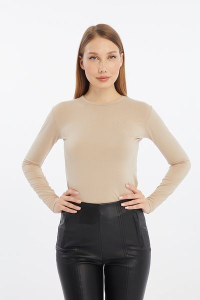 LAENT Women's Cream Brown Round Neck 2-Piece Bodysuit