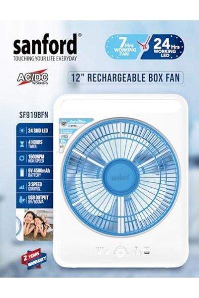Sanford 12" Rechargeable Box Fan with LED Lights & USB Output