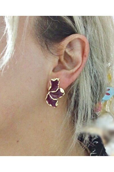mos&more Burgundy Enamel Gold Half Leaf Small Earrings
