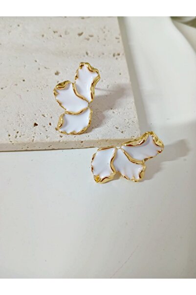 mos&more White Enamel Gold Half Leaf Small Earrings