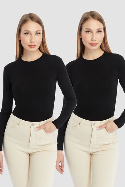 LAENT Women's Black Round Neck 2-Piece Bodysuit