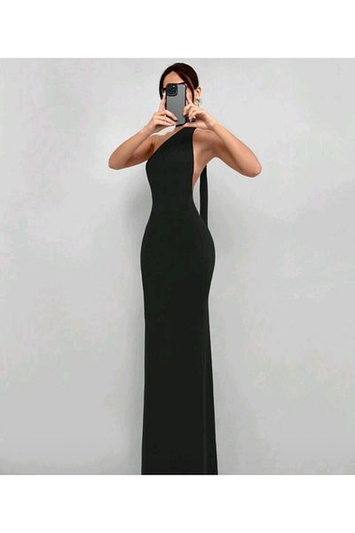 Lacis One Shoulder Back to Waist V-Cut Back Mid Gathered Slit Long Fish Dress