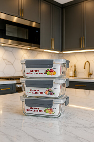 Tuğrastore 3Pcs 1000ml Leak Proof Glass Heat Resistant Storage Container