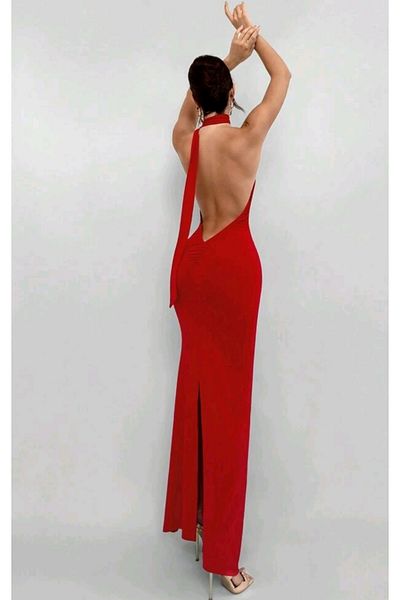 Lacis One Shoulder Back to Waist V-Cut Back Mid Gathered Slit Long Fish Dress
