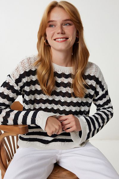 Lovelyİstanbul Striped Openwork Knitwear Blouse Lyy0126 Black Bone