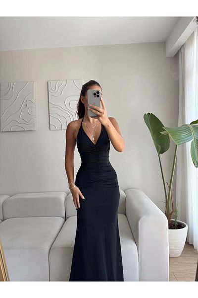 Zoom Butik Drawstring neck tie maxi dress - black