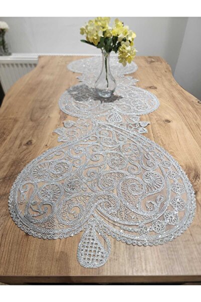 YALINSHOME KALP Runner lux Față de masă DANTELĂ gri argintiu cu sclipici 138x41cm