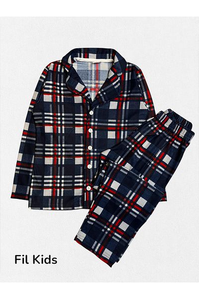 Fil Kids Boy's Cotton Fabric Navy Blue Plaid Patterned Piping Shirt Collar Buttoned Pajama Set