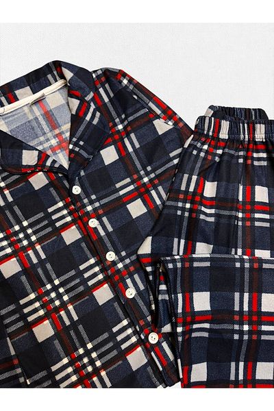 Fil Kids Boy's Cotton Fabric Navy Blue Plaid Patterned Piping Shirt Collar Buttoned Pajama Set
