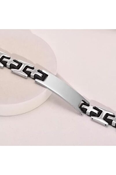 Generic Men's Stainless Steel ID Bracelet, Modern Geometric Link Design, Black and Silver Gift for Him