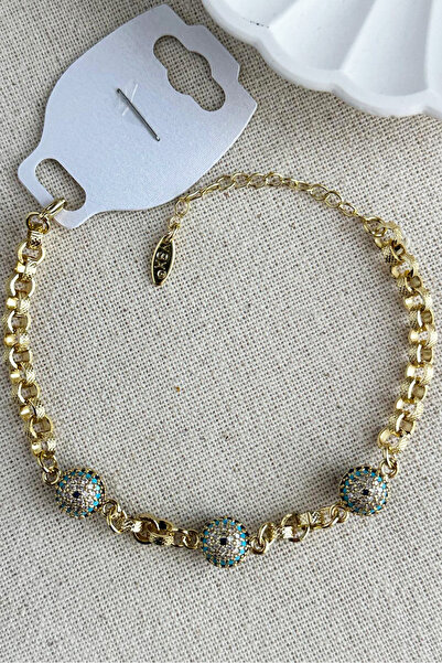 Modacaprea YSX 14K Taşlı Nazar Toplu Zincir Kadın Bileklik 18 + 3 cm Altın Re...