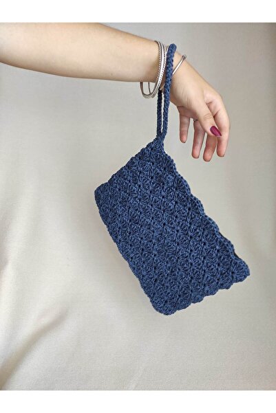 atolyeozyy Hasır, Kağıt Ip El Örgüsü Çanta, Clutch, Portvöy, El Çantası Lacivert renk