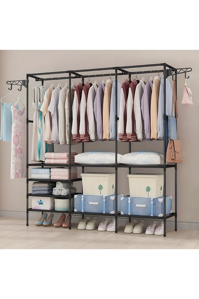 Cozy Nest 3 Section Metal Cloth Rack with Shelves Multifunctional Garment Wardrobe with 360° Rotatable Hooks