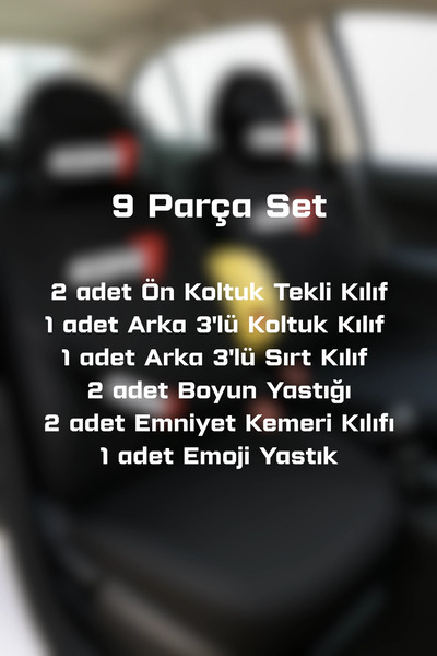 TKY Tasarımı Kendin Yap Koni 9 Pieces Auto Seat Covers Set (Front + Rear Set, 2 Neck Pillows, 2 Belt Covers, Emoji Pillow)