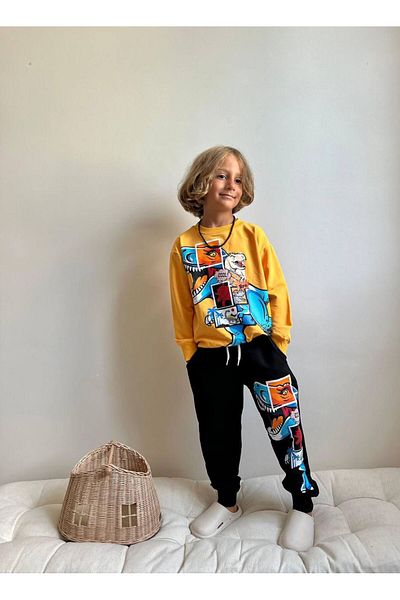 YİGİT BUTİK Dinosaur Printed Long Sleeve Boys Bottom Top Set