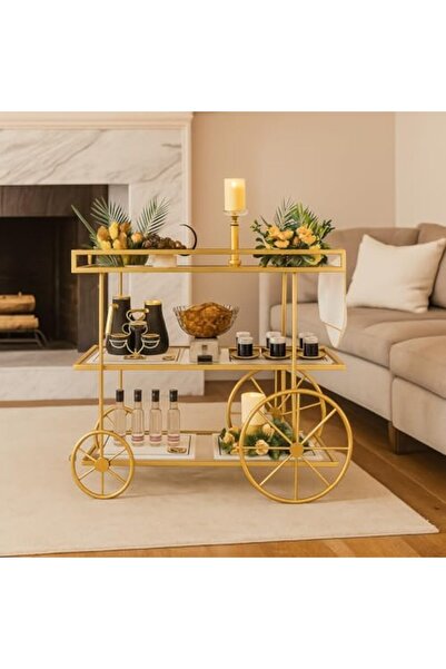 genric عربة تقديم معدنية بأربع عجلات من FFD مع زجاج شفاف - رف تخزين مطبخ متعدد الأغراض 100x40x90 سم