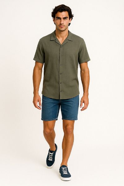 OIL PARK Men's Apaş Collar Armure Woven Soft Textured Raw Linen Shirt