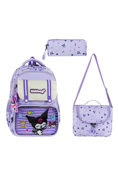 MGEStore Kidsbag Kuromi Set de 3 ghiozdane Rucsac Suport stilou Cutie de prânz Copii Grădiniță Școala primară