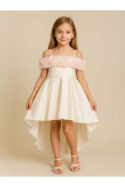 Zekids Girl's Princess Sleeve Flower Detailed Back Bow Tail Design Evening Dress