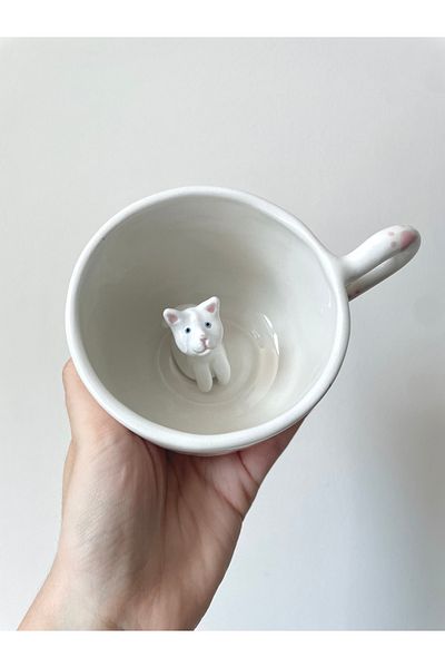 Nouis Handmade White Cat Figure Ceramic Mug