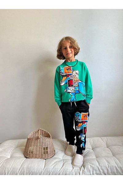 YİGİT BUTİK Dinosaur Printed Long Sleeve Boys Bottom Top Set