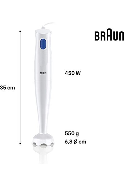 Braun MultiQuick 1 Hand Blender, 450W, 0.6 L, 1 Speed, Dishwasher Safe, MQ10.001PWH, White