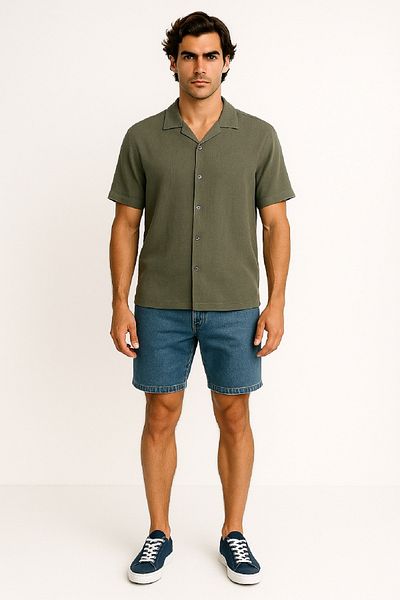 OIL PARK Men's Apaş Collar Armure Woven Soft Textured Raw Linen Shirt