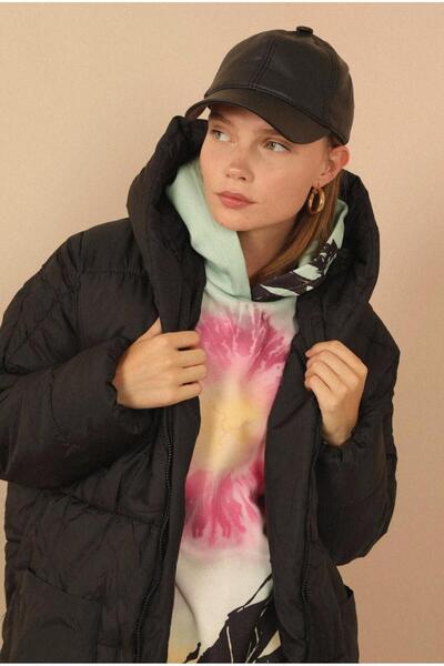 Cesicey Uzun Kapitone Anorak Kalp Yaka Oversize/ Salaş Kadın Mont Siyah