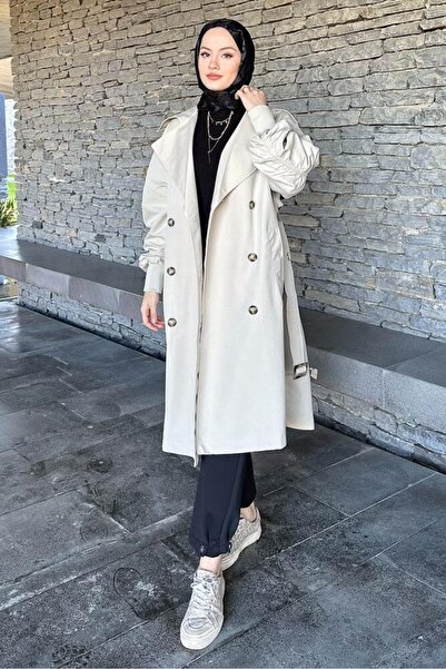 HENZA Berfu Kol Büzgülü Bej Trençkot