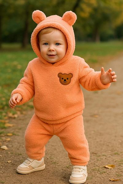 nevrankids Baby Plush Bear Ears Hooded 2-Piece Set - Winter Fleece Sweatshirt and Bottom Pants