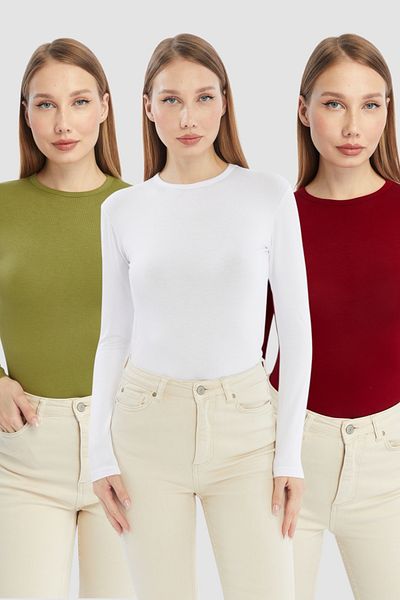 LAENT Women's White Burgundy Oil Green Round Neck 3-Piece Bodysuit