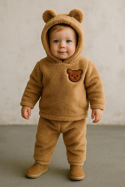 nevrankids Baby Plush Bear Ears Hooded 2-Piece Set - Winter Fleece Sweatshirt and Bottom Pants